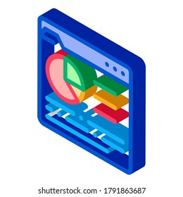 Vector de iconos de análisis estadístico en línea. Sitio Web Isometric Statistician Analytics Internet con signo gráfico de información. ilustración de símbolo aislado de color
