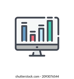 Online statistics and analytics report color line icon. Computer with graph chart vector outline colorful sign.