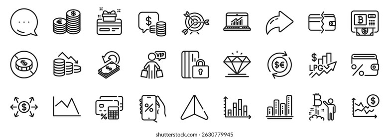 Online statistics, Bitcoin atm and Dollar exchange line icons pack. Share, Message, Paper plane icons. Dollar rate, No cash, Money currency web icon. Vector