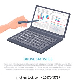 Online statistics business data vector poster isolated on white illustration with open laptop and various stat diagrams charts, text sample