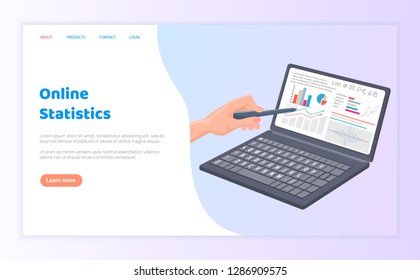 Online statistics business visualization of information vector. Data representation, person showing results of finance activity, graphs laptop screen. Website template, landing page in flat style