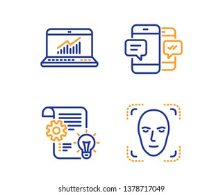 Online statistics, Cogwheel and Smartphone sms icons simple set. Face detection sign. Computer data, Idea bulb, Mobile messages. Detect person. Business set. Linear online statistics icon. Vector