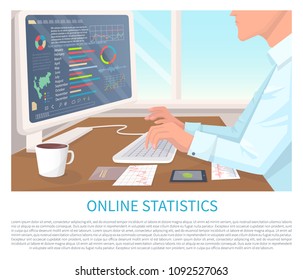 Online statistics colorful vector illustration of modern computer, screen with different information diagrams and infographics, busy office worker