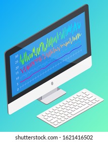 Online statistics and data analytic. Storage of information, digital analytics. Personal computer with charts and schemes on screen. Analysis trends and financial strategy by using infographic chart