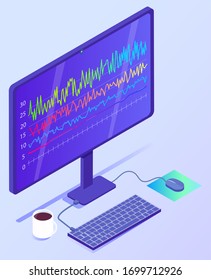 Online statistics and data analytic. Storage of information, digital analytics. Personal computer with charts and schemes on screen. Analysis trends and financial strategy by using infographic chart