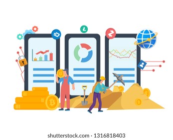 Online statistics and data Analytics, Digital money, investment, finance and trading, banner and presentation, crypto mining. vector flat illustration