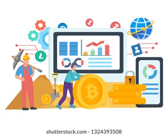 Online statistics and data Analytics, Digital money, investment, finance and trading, banner and presentation, crypto mining. vector flat illustration