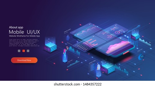 Online statistics and data Analytics. Digital money market, investment, finance and trading. Perfect for web design, banner and presentation. Data analysis and visualization isometric landing page.