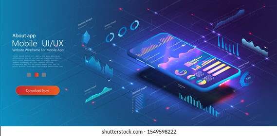 Online statistics and data Analytics UX/UI . Digital money market, investment, finance and trading. Analysis trends and financial strategy by using infographic chart. Vector concept illustration