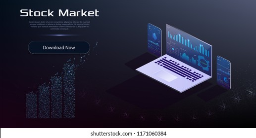 Online statistics and data Analytics.Digital money market, investment, finance and trading. Perfect for web design, banner and presentation. Isometric vector illustration.
