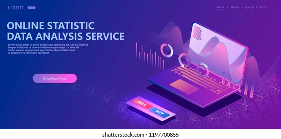 Online statistics and data Analytics.Digital money market, investment, finance and trading. Perfect for web design, banner and presentation. Isometric vector illustration.