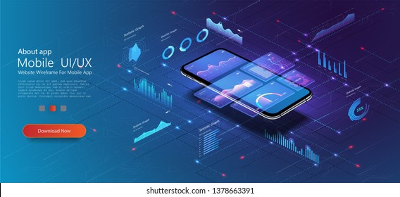 Online statistics and data Analytics.Digital money market, investment, finance and trading. Perfect for web design, banner and presentation. Isometric vector illustration.