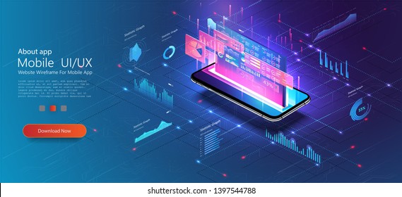 Online statistics and data Analytics.Digital money market, investment, finance and trading. Perfect for web design, banner and presentation. Isometric vector illustration. Analysis on smartphone.