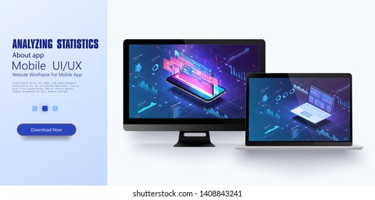 Online statistics and data Analytics.Digital money market, investment, finance and trading. Perfect for web design, banner and presentation. Isometric vector illustration.