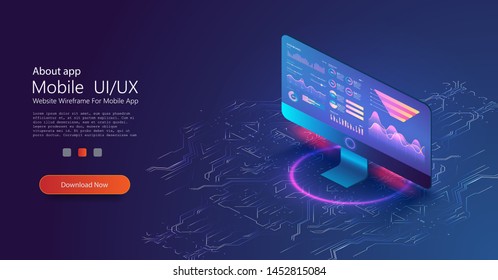 Online statistics and data Analytics.Digital money market, investment, finance and trading. Perfect for web design, banner and presentation. Isometric vector illustration.