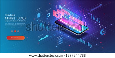Online statistics and data Analytics.Digital money market, investment, finance and trading. Perfect for web design, banner and presentation. Isometric vector illustration. Analysis on smartphone.