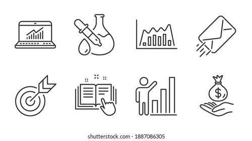 Estadísticas en línea, correo electrónico e iconos de línea de gráfico de gráficos de gráficos definidos. Documentación técnica, signos experimentales de Target y Chemistry. Dinero de ingresos, Símbolos gráficos infográficos. Iconos de línea de calidad. Vector