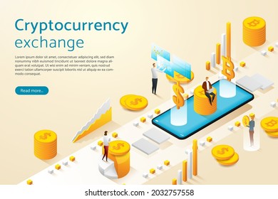 Online statistics and a group of people working on laptop computers for exchange. Cryptocurrency For website and mobile, landing page template. isometric vector illustration.