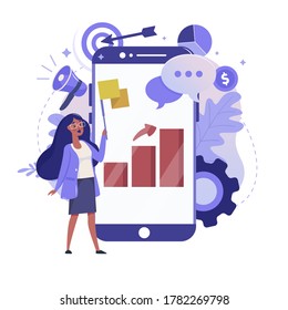 Online Statistics and Mobile Analytics flat illustration. Business Data Analysis color design. Woman with Smartphone and Chart Report on Screen vector colorful metaphor, isolated on white background.