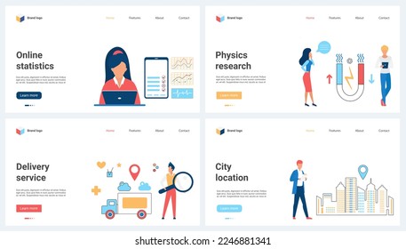 Online statistics and physics research, city location for delivery service set vector illustration. Cartoon tiny people work with data graphs on science progress, parcel tracking with magnifying glass