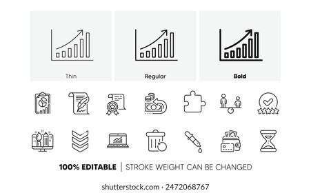 Online statistics, Recovery trash and Puzzle line icons. Pack of Equity, Certificate, Shoulder strap icon. Chemistry pipette, Rating stars, Money pictogram. Feather, Time, Creative design. Vector