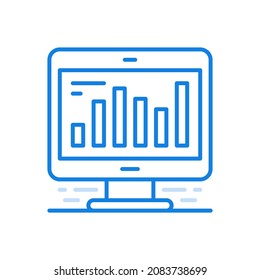 
Icono de línea vectorial de estadísticas en línea. Monitor con barras de progreso infográfico en pantalla. Análisis y comprobación de informes de información correctos. Progreso de mercadeo y disminución de ganancias asombrosas.