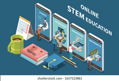 Online stem education isometric composition with 4 science technology engineering mathematics mobile screens textbooks coffee vector illustration 