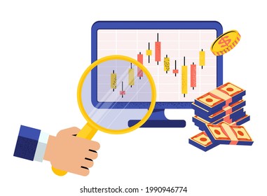 Online Stock broker. Hand with magnifier near computer monitor. Japanese candlestick chart. Financial market. Stock quotes and commodity prices. Flat vector illustration.
