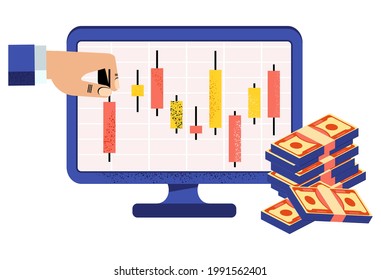 Online Stock broker keeps track of the Japanese candlestick chart on computer screen. Japanese candlestick chart. Financial market. Traders and stock brokers. Stock quotes and commodity prices. 