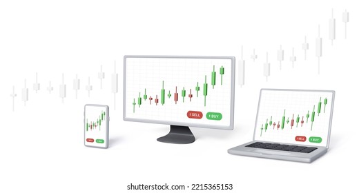 Online stock exchange trade banner in 3D style. Computer monitor PC laptop smartphone with candlestick chart on screen.  Success strategy online trading. Vector illustration 