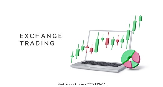 Online stock exchange trading business banner. Trade on stock market. 3D render laptop, pie chart and candlestick diagram