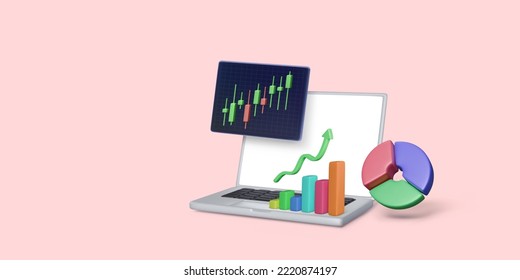 Online stock exchange trading concept. 3D Laptop with pie chart and bar diagram. Analysis and business strategy on stock market. Vector illustration