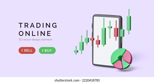 Online stock market concept. Render mobile phone with circular chart and candlestick diagram. Buying and selling assets on stock exchange. Finance investment banner. Vector