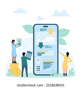 Online stock market, forex trade via mobile app vector illustration. Cartoon tiny people analyze trends and data report, graph, diagram and chart on screen of phone for trading, exchange currency