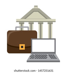 Online stock market investment laptop and briefcase with bank building symbols vector illustration