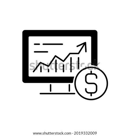 Online stock trading black linear icon. Computer monitor with increasing chart. Bussiness investment. Analysis on screen. Broker service. Outline symbol on white space. Vector isolated illustration