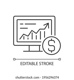 Online stock trading linear icon. Computer monitor with increasing chart. Commercial success. Thin line customizable illustration. Contour symbol. Vector isolated outline drawing. Editable stroke