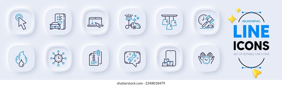 Online storage, Attached info and Auction hammer line icons for web app. Pack of Scroll down, Cursor, Vacuum cleaner pictogram icons. Spanner, World time, Car registration signs. Vector