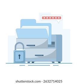 Online Storage Concept, storing Files and folders on online server, Safer online storage space, document files, management files, secure database, Flat design illustration in background.