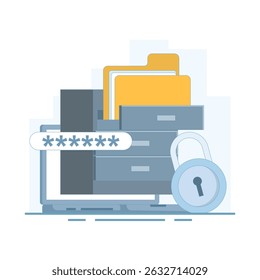 Online opslagconcept, bestanden en mappen opslaan op een online server, Veiligere online opslagruimte, documentbestanden, beheerbestanden, beveiligde database, Platte ontwerpillustratie op de achtergrond.