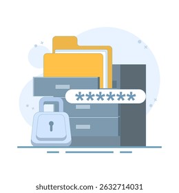 Online opslagconcept, bestanden en mappen opslaan op een online server, Veiligere online opslagruimte, documentbestanden, beheerbestanden, beveiligde database, Platte ontwerpillustratie op de achtergrond.
