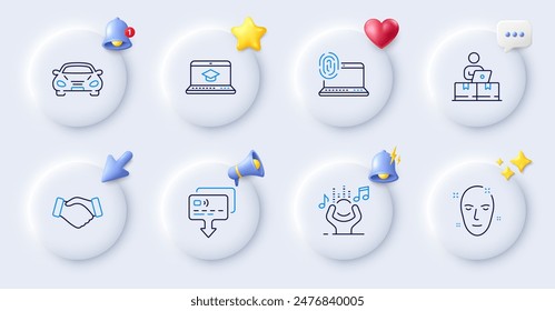 Online storage, Handshake and Computer fingerprint line icons. Buttons with 3d bell, chat speech, cursor. Pack of Card, Health skin, Car icon. Noise, Website education pictogram. Vector