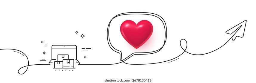 Icono de línea de almacenamiento en línea. Línea continua con plano compartido. Señal de entrega de Internet. Símbolo de servicio de dispositivo móvil. Corazón 3D en la burbuja del discurso. Cinta de una sola línea de almacenamiento en línea. Vector