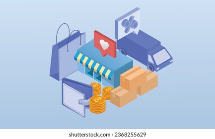 Online store in 3D.on blue background.3D design.isometric vector design Illustration.