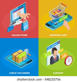 Online store 4 isometric icons square poster with shopping cart and customers support service isolated vector illustration 