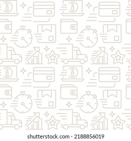 Online store abstract seamless pattern. Editable vector shapes on white background. Trendy texture with cartoon color icons. Design with graphic elements for interior, fabric, website decoration