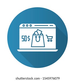 Online store app blue flat design long shadow glyph icon. Laptop screen with shopping bag. Choosing and adding goods to basket in internet shop. Digital commerce. Vector silhouette illustration