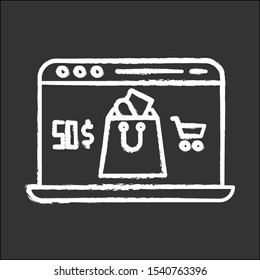 Online store app chalk icon. Laptop screen with shopping bag. Choosing and adding goods to basket. Doing purchases in internet shop. Digital commerce. Isolated vector chalkboard illustration