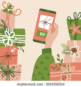 Online store app for Christmas and New Year time. Woman's hand holding phone with the buy button on the screen. Flat vector illustration with gift boxes stacks.