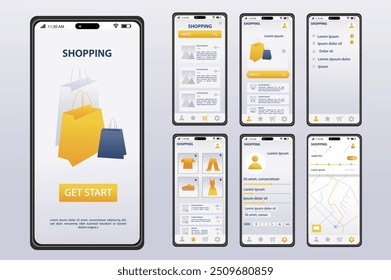 Online Store App Konzept im flachen Design. Ein elegantes Einkaufs-App-Design, das verschiedene Bildschirme wie Produktkategorien, Warenkorb, Benutzerkonto anzeigt. Vektorgrafik.